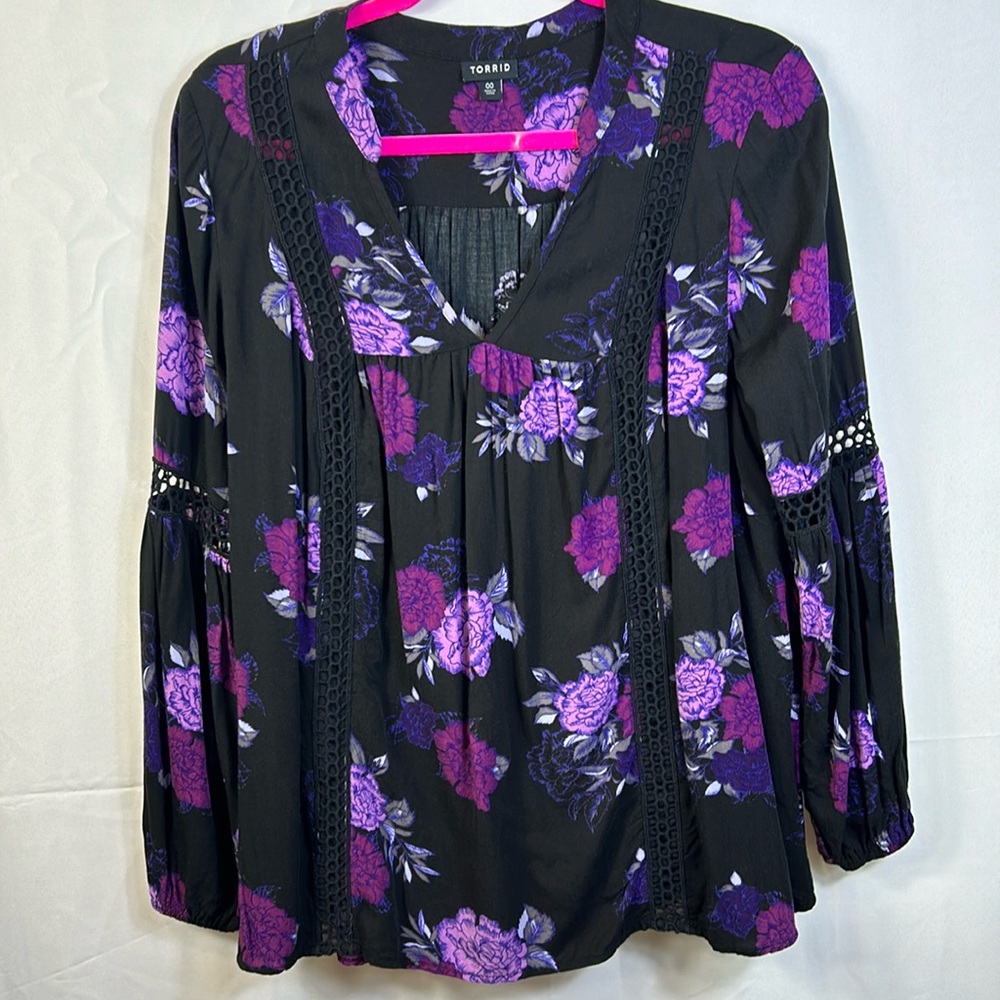 Torrid Black and Purple Floral Blouse